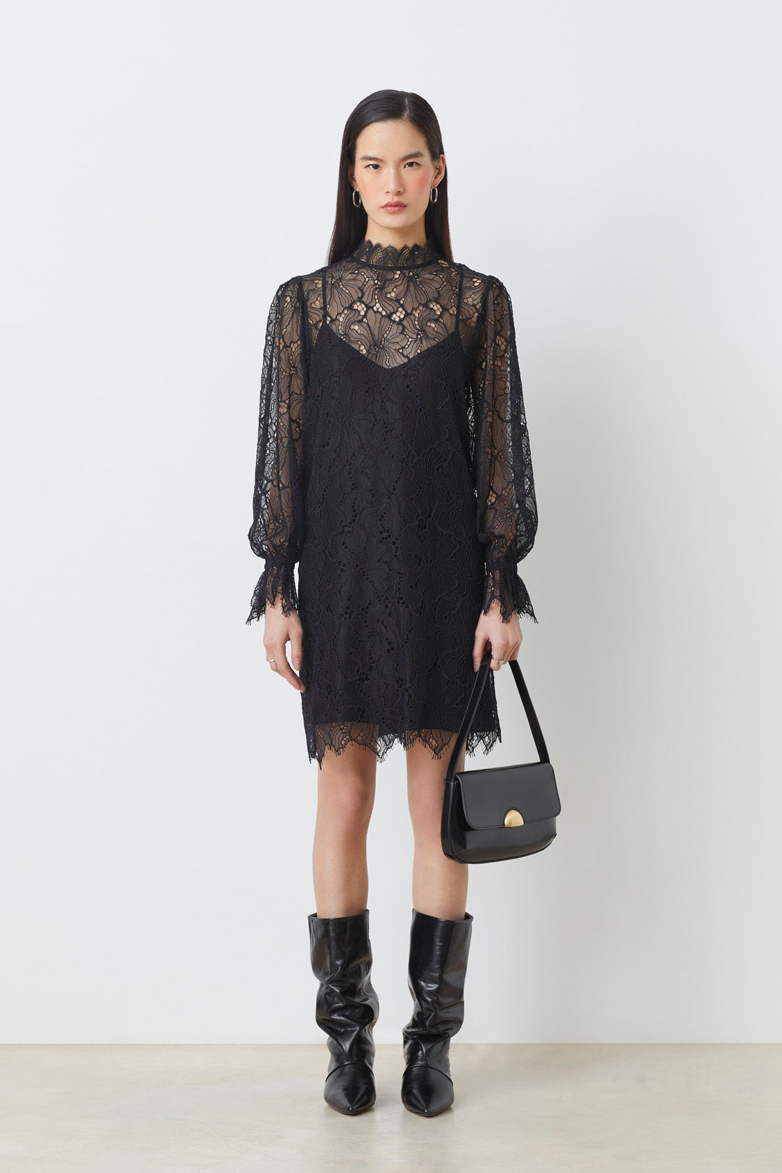 Suncoo Cara Black Lace Shift Dress