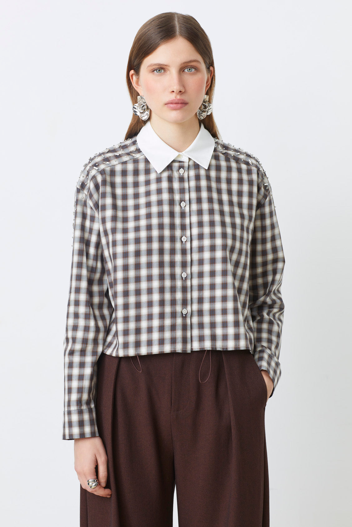 Suncoo Luigi Brown Check Shirt with White Collar