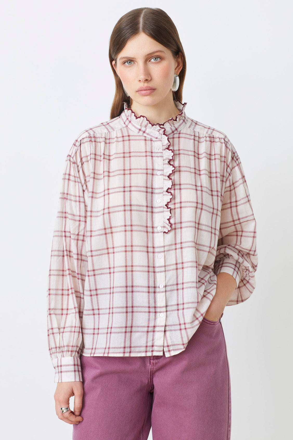 Suncoo Lea Nude and Burgundy Check Blouse
