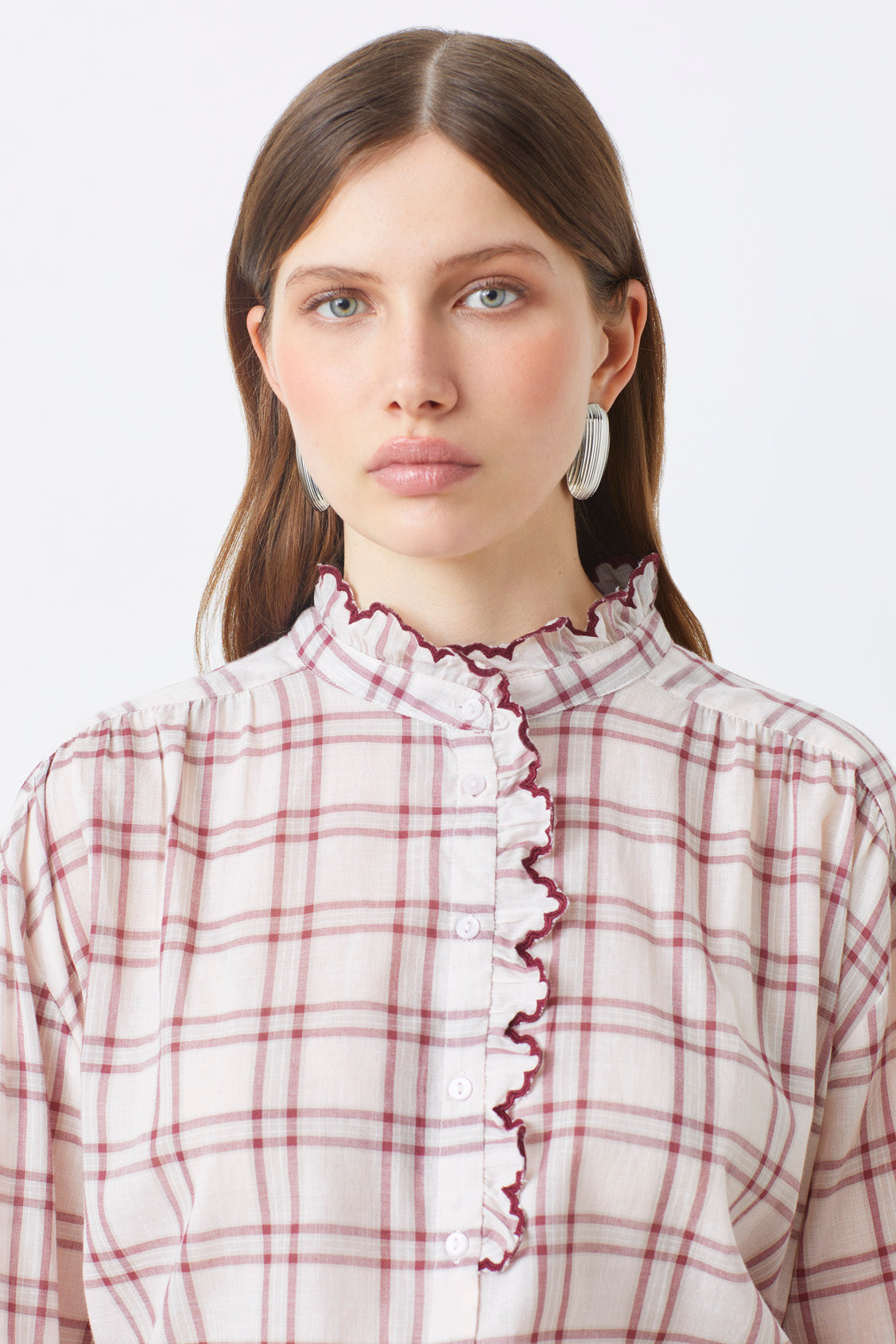 Suncoo Lea Nude and Burgundy Check Blouse