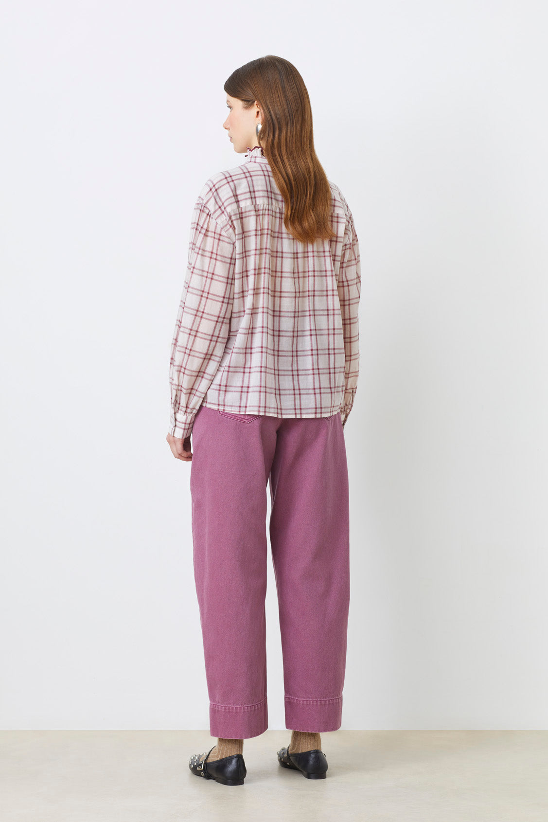 Suncoo Lea Nude and Burgundy Check Blouse