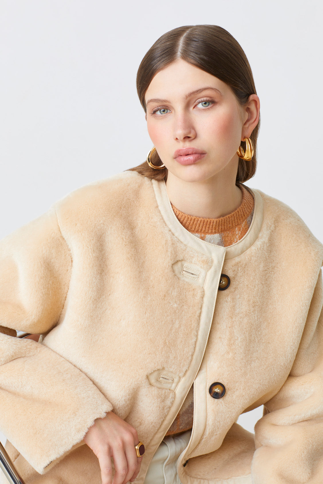 Suncoo Beige Faux Shearling Short Jacket