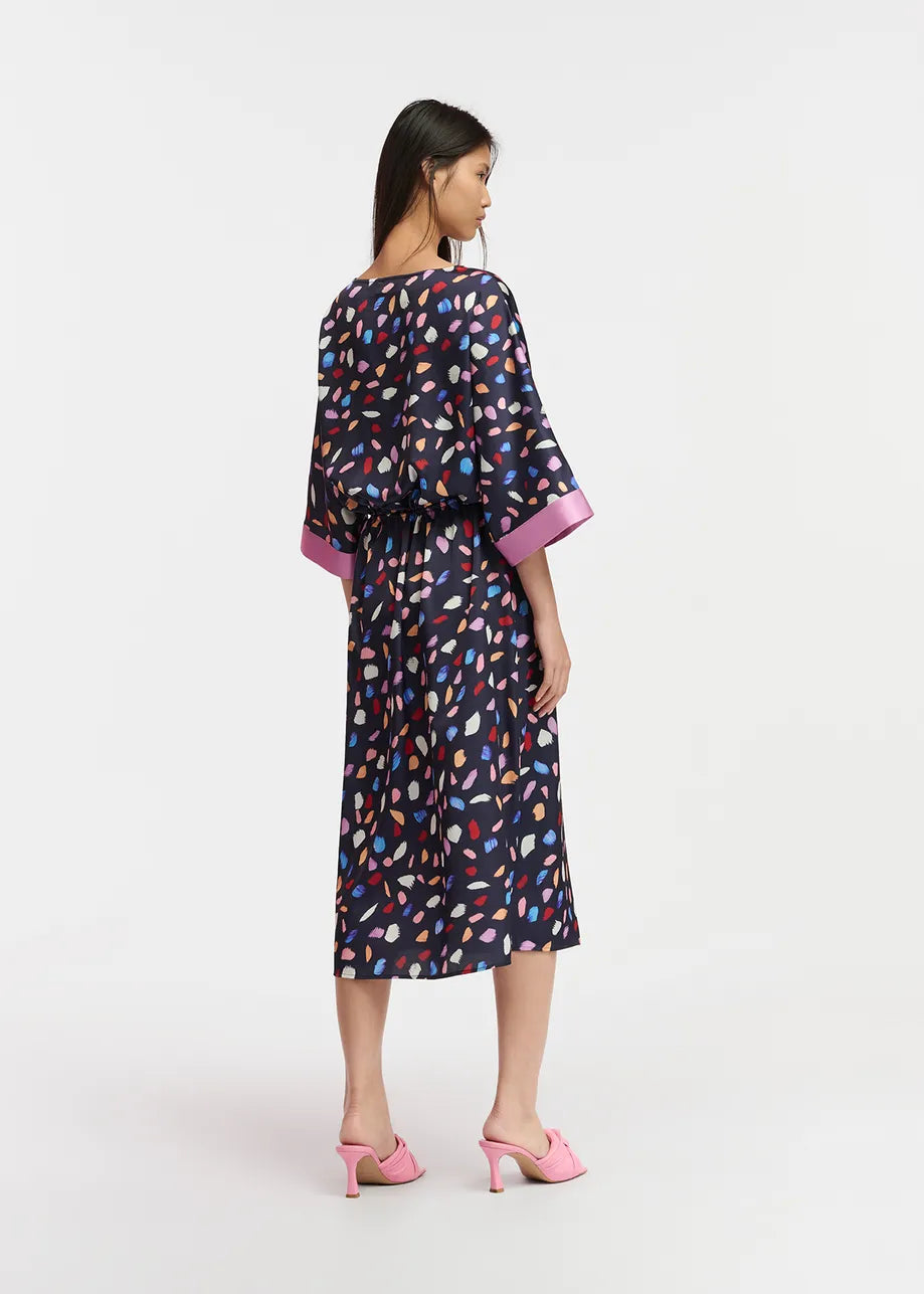 Navy Blue Midi Lenght Dress With Multicolor Print