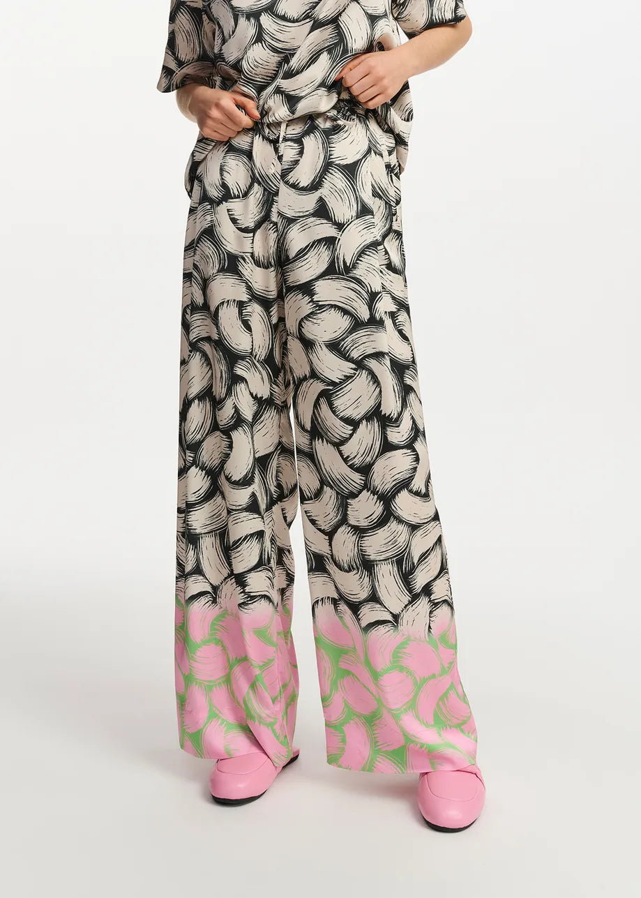 Black Off-White & Pink Abstract Print Wide Leg Pants
