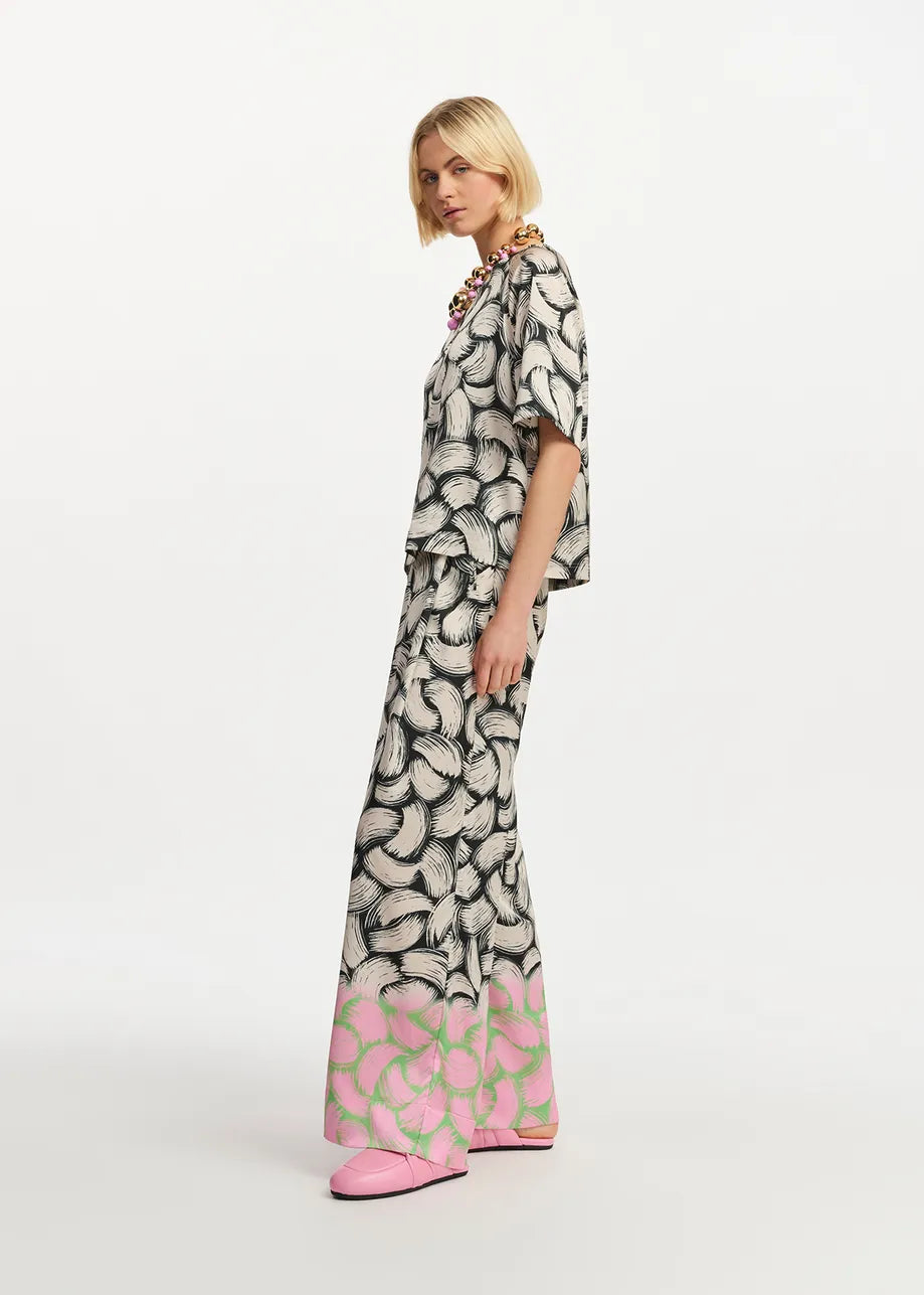Black Off-White & Pink Abstract Print Wide Leg Pants
