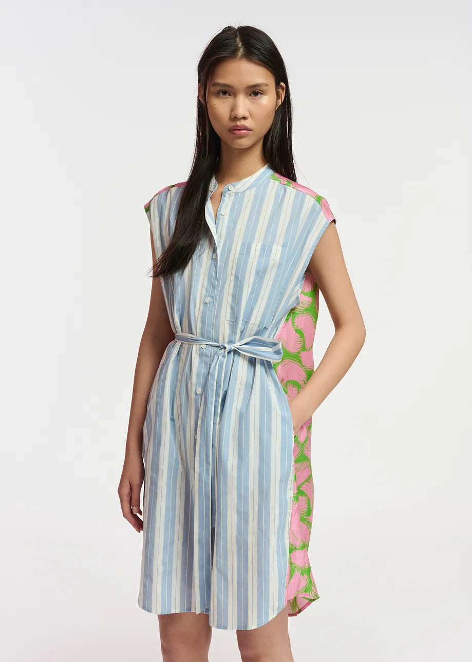 Blue & White Striped Shirt Dress With Silk Back Panel