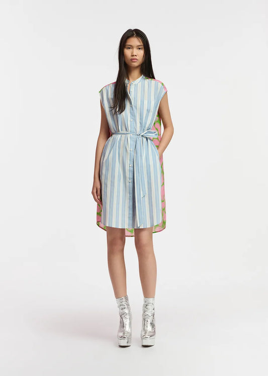Blue & White Striped Shirt Dress With Silk Back Panel