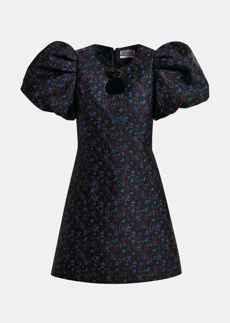 Essentiel Antwerp Influence Puff Sleeve Mini Dress Black with Burgundy and Blue