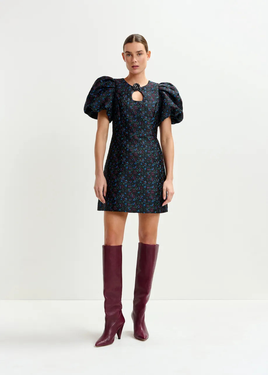 Essentiel Antwerp Influence Puff Sleeve Mini Dress Black with Burgundy and Blue