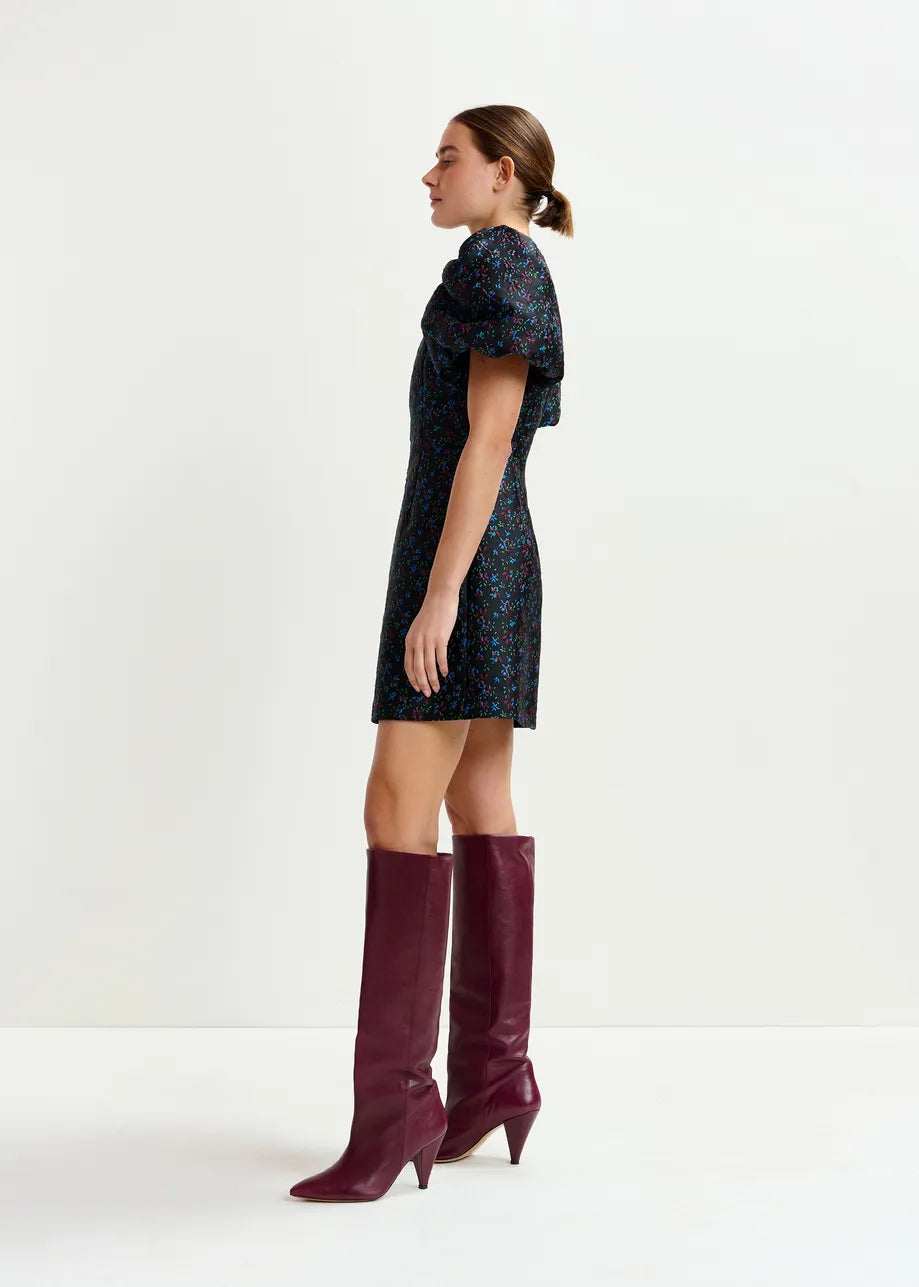 Essentiel Antwerp Influence Puff Sleeve Mini Dress Black with Burgundy and Blue