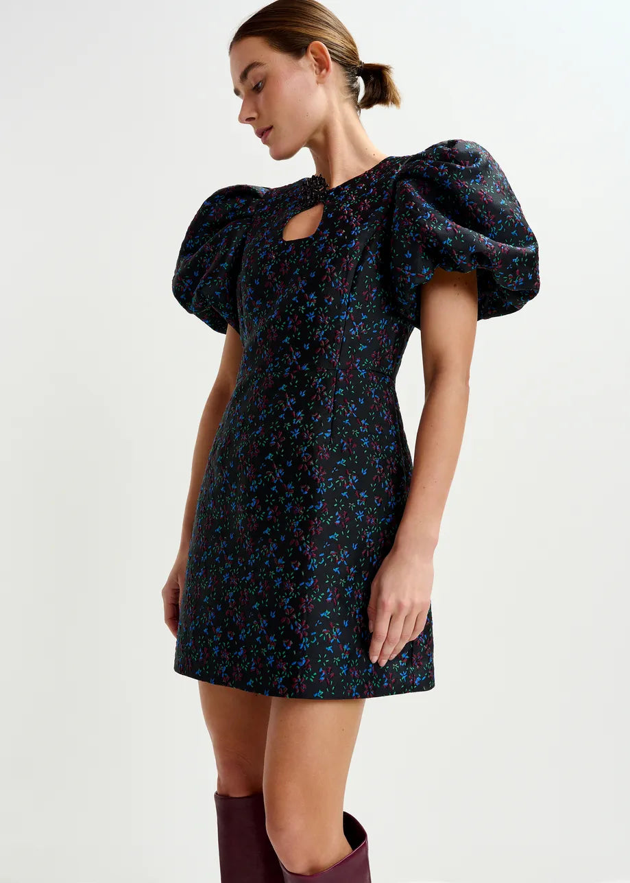 Essentiel Antwerp Influence Puff Sleeve Mini Dress Black with Burgundy and Blue