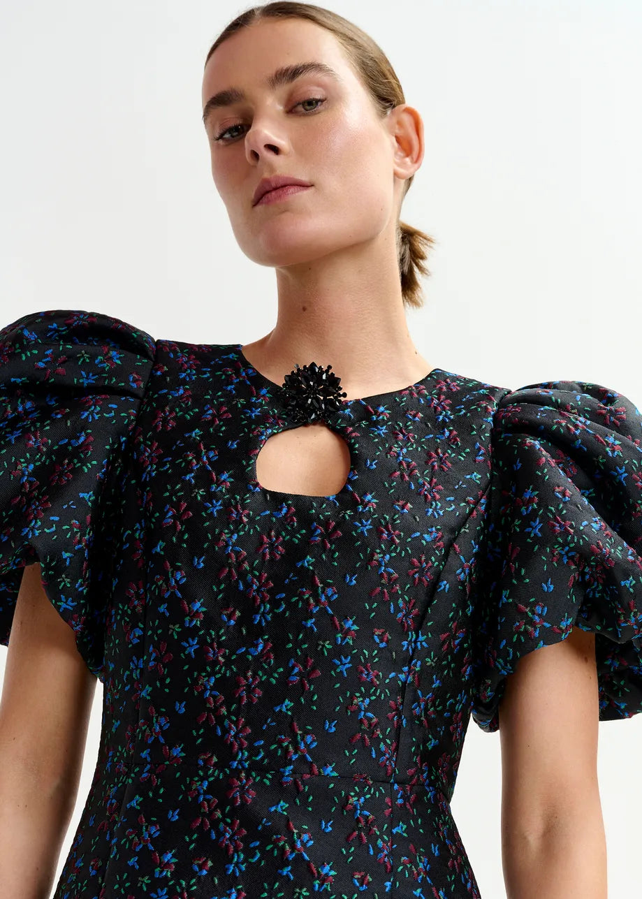 Essentiel Antwerp Influence Puff Sleeve Mini Dress Black with Burgundy and Blue