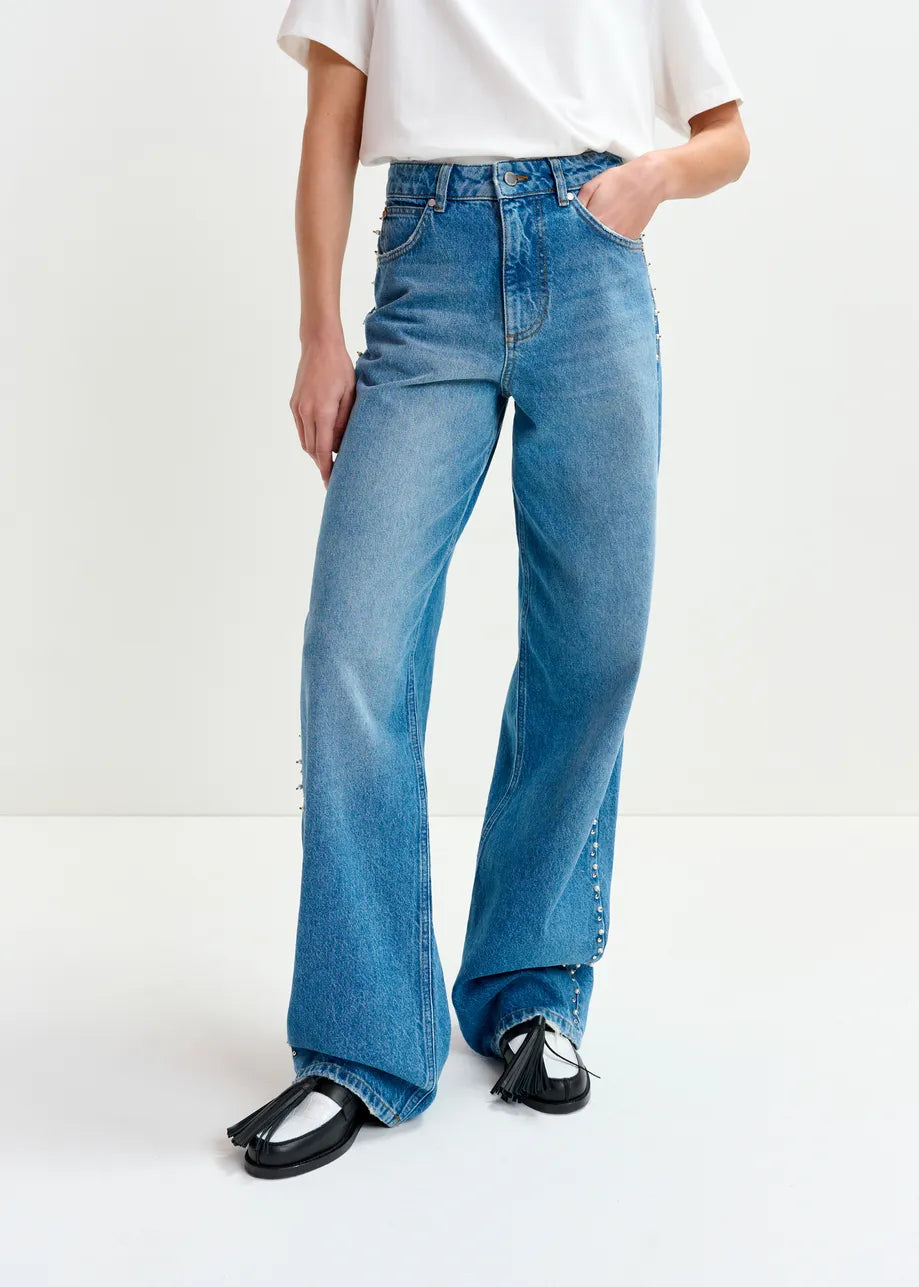 Essentiel Antwerp Blue Straight Jeans With Pearl Embellishments