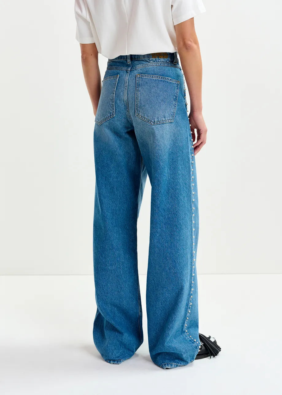Essentiel Antwerp Blue Straight Jeans With Pearl Embellishments