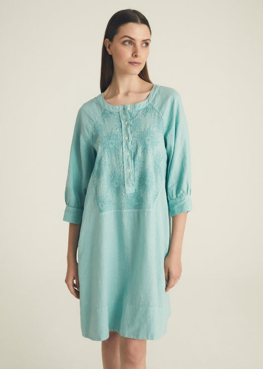 Aqua Embroidered Linen Relaxed Dress