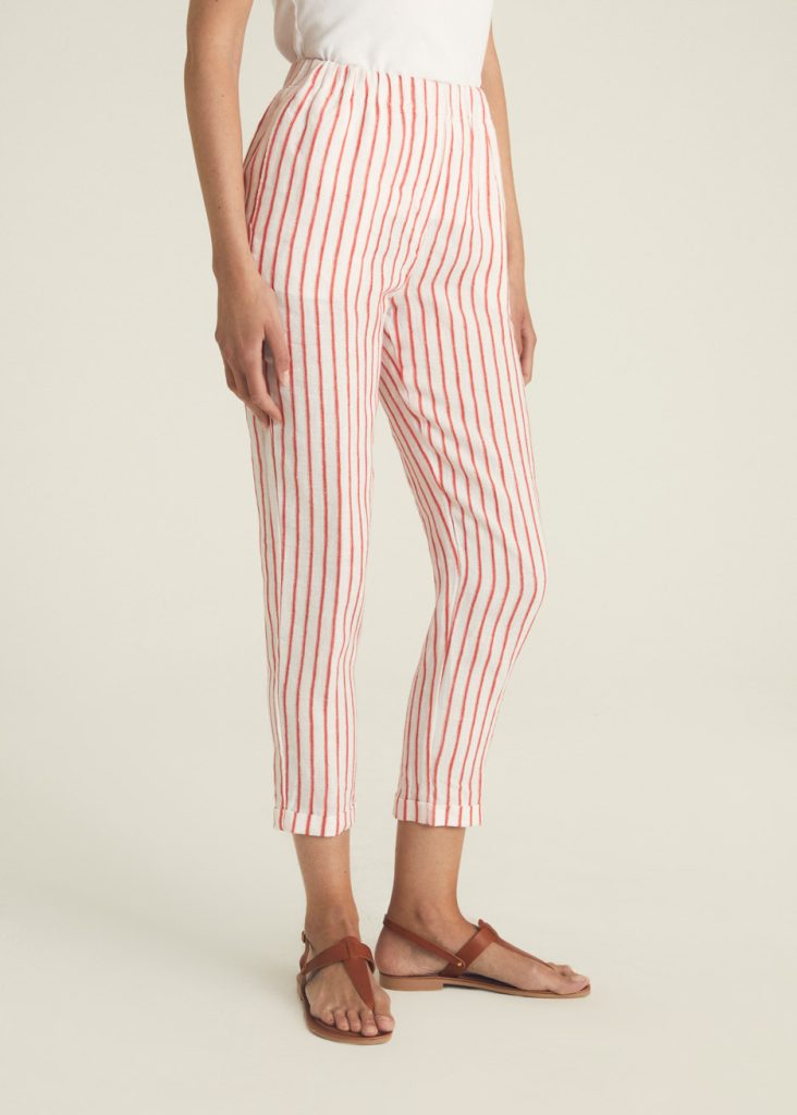 Orange And White Stripped Linen Pants With Elastic Waist