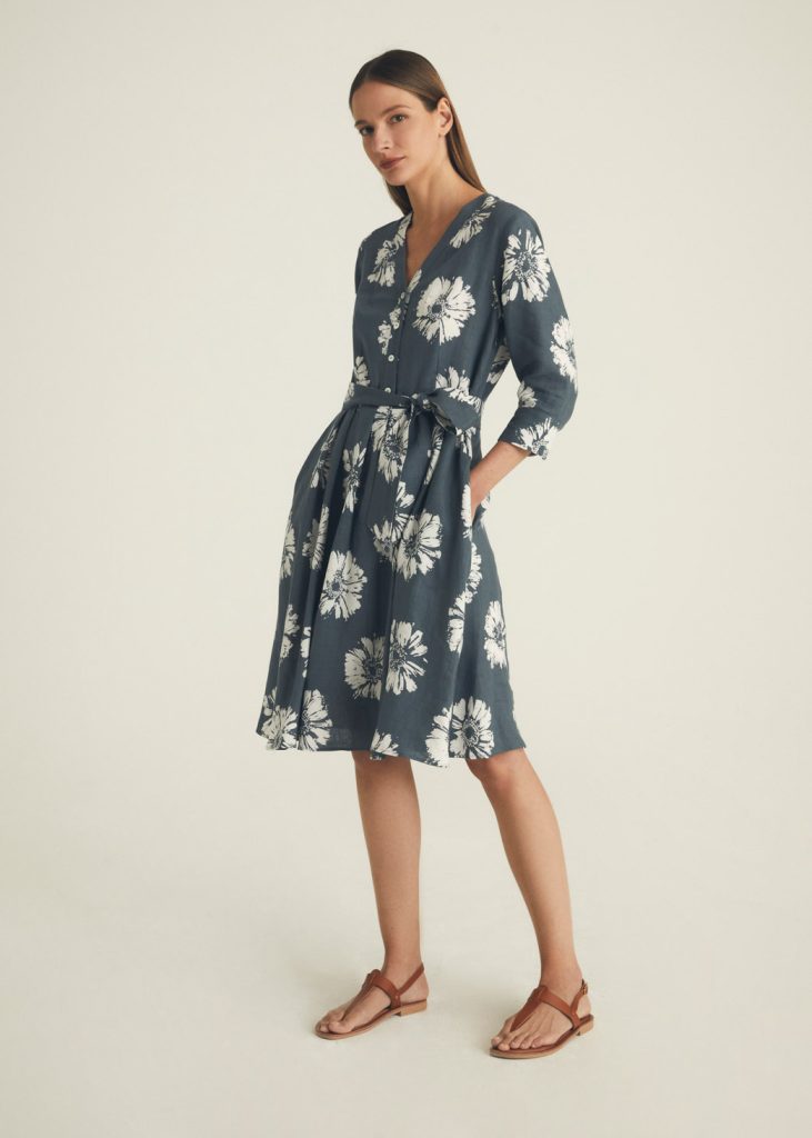 Grey  and White Floral Print Linen Shirt  Dress