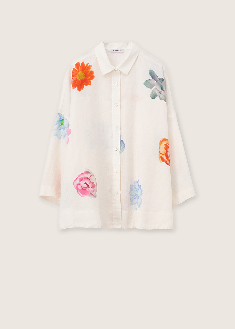 Rosso35 Ivory White Floral Printed Linen Relaxed Shirt