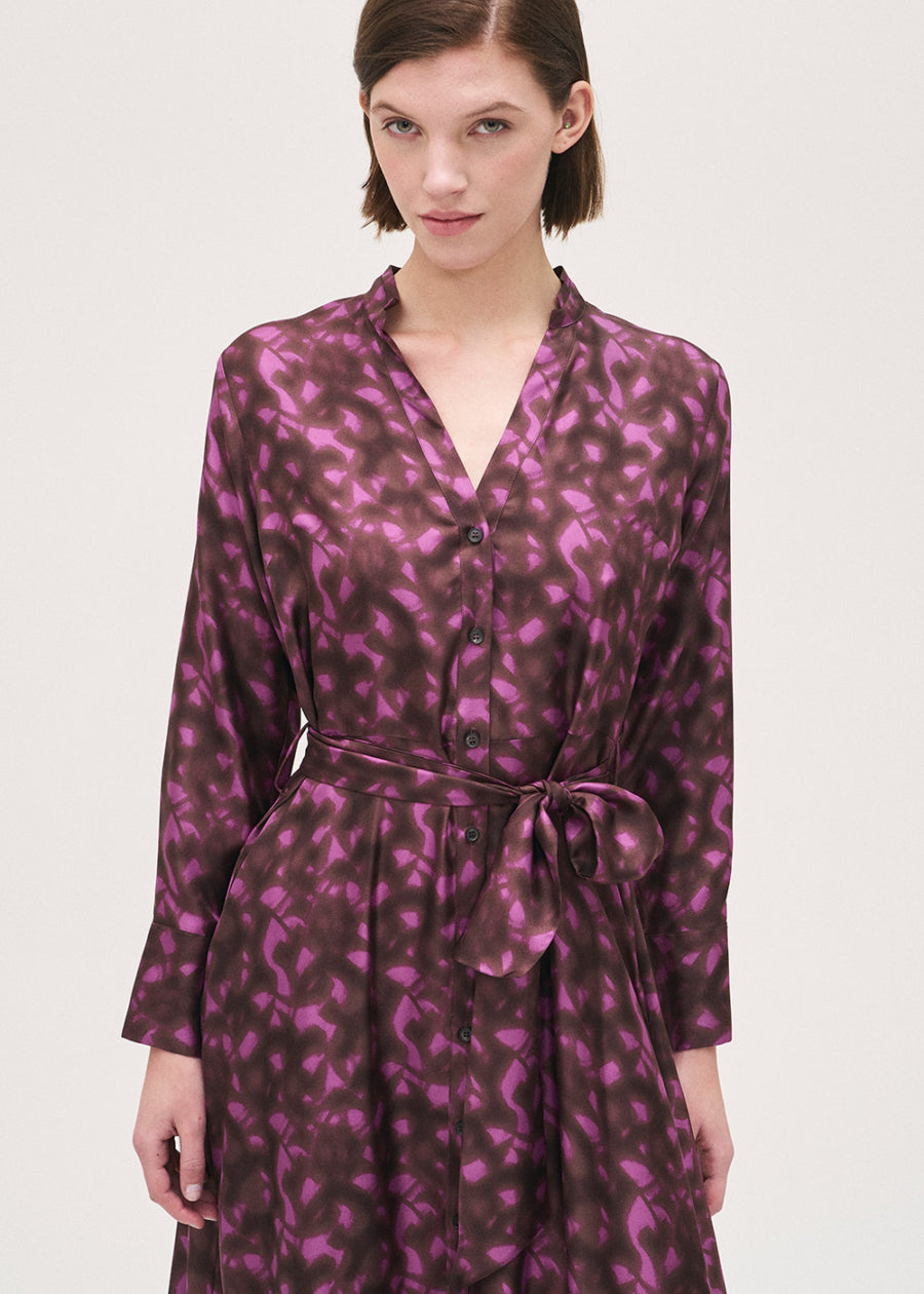 Rosso35 Silk Magenta and Brown Shirt Dress With Self Belt