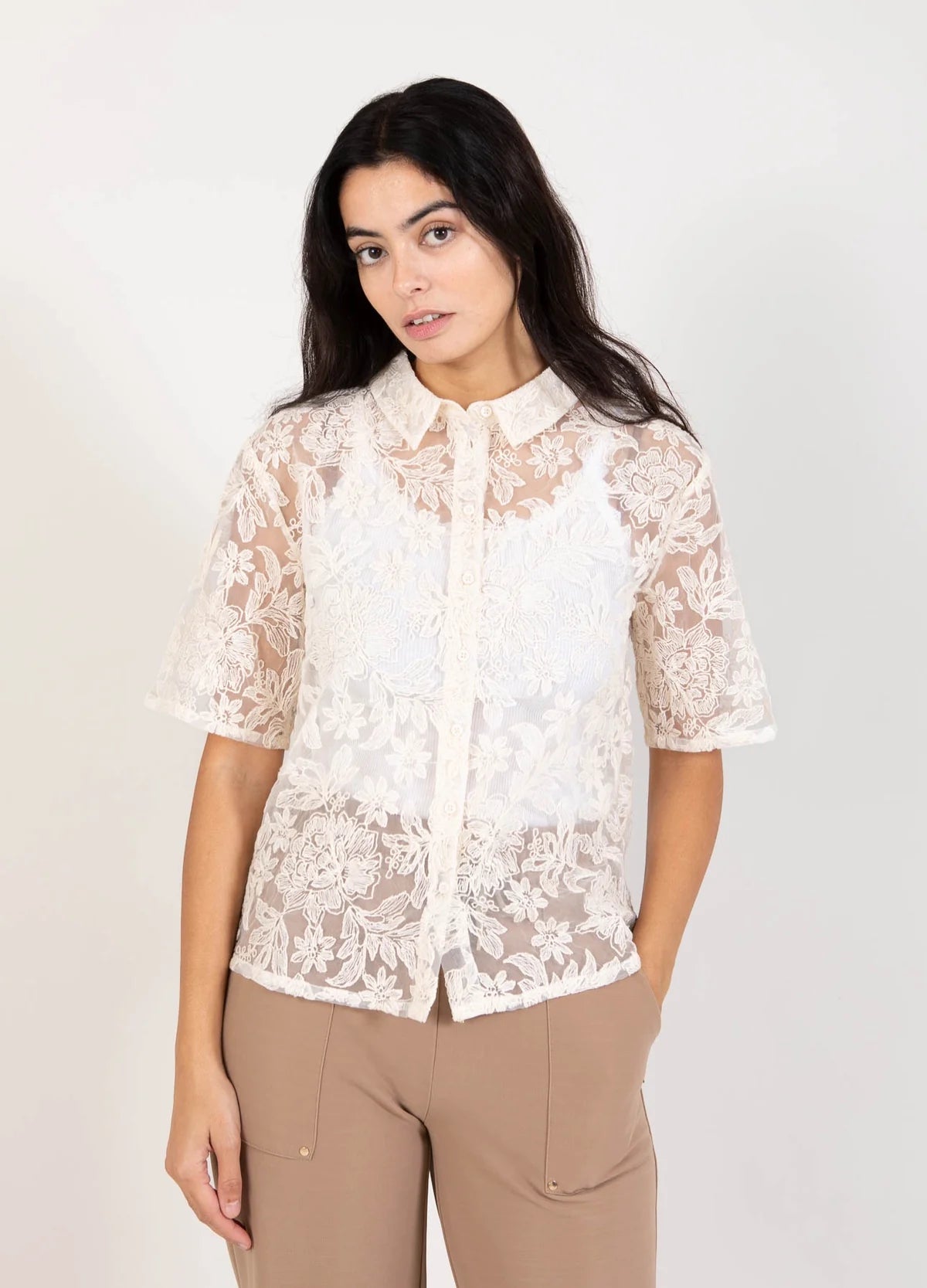 Cream Shirt With Lace