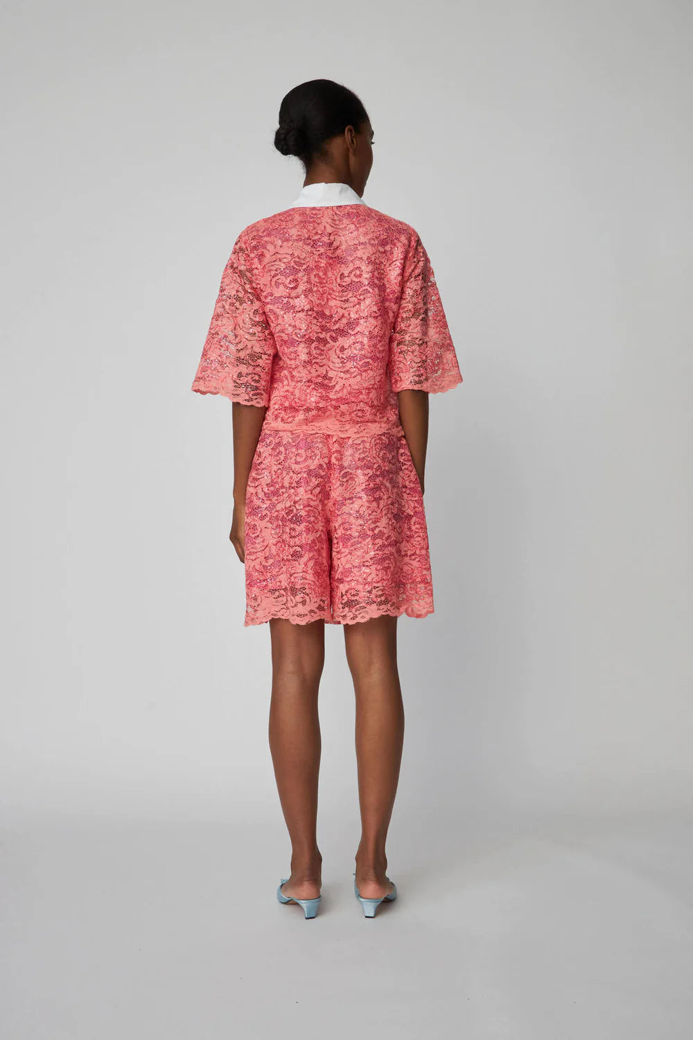 Sequined Lace Shirt With White Collar