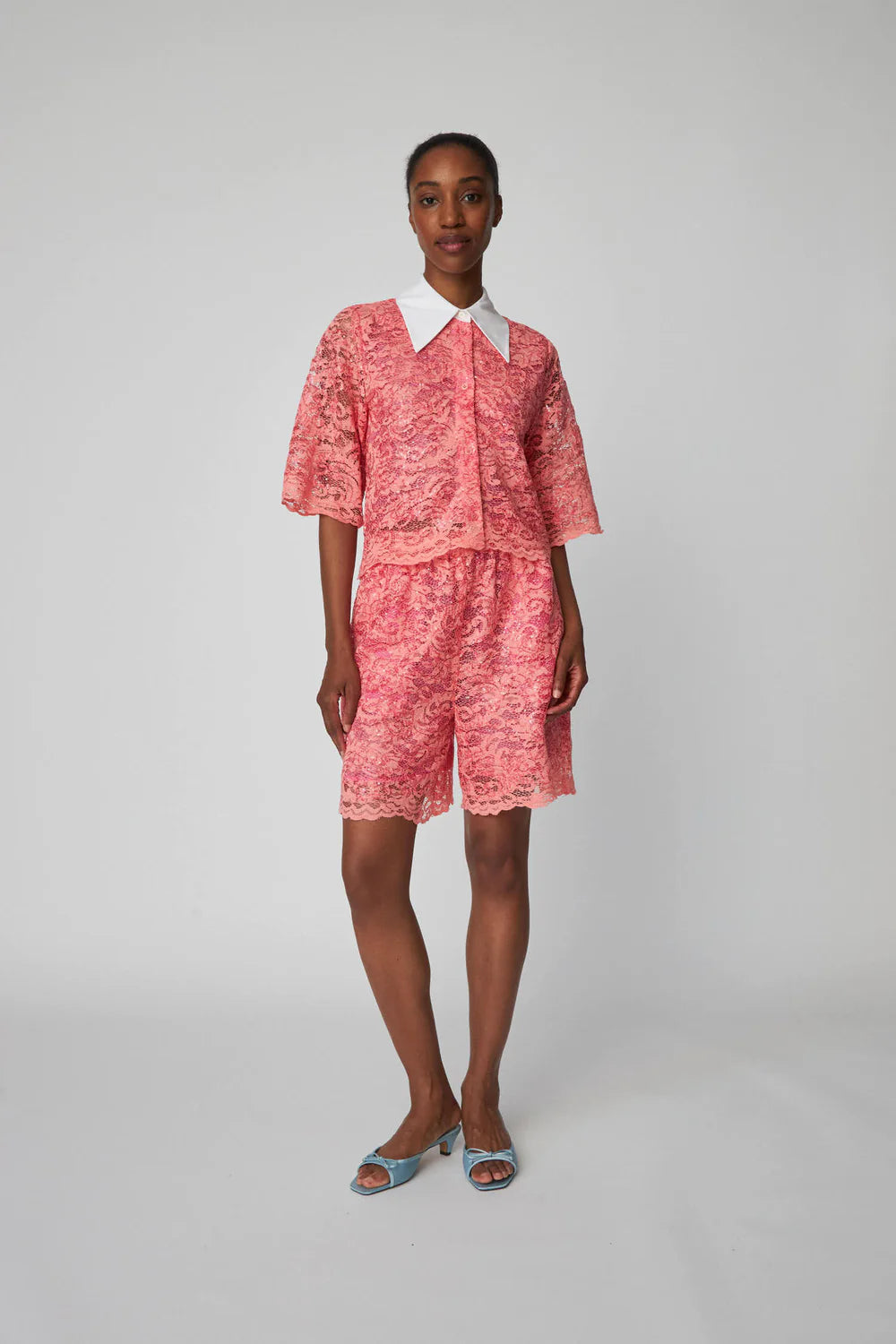 Sequined Lace Shirt With White Collar