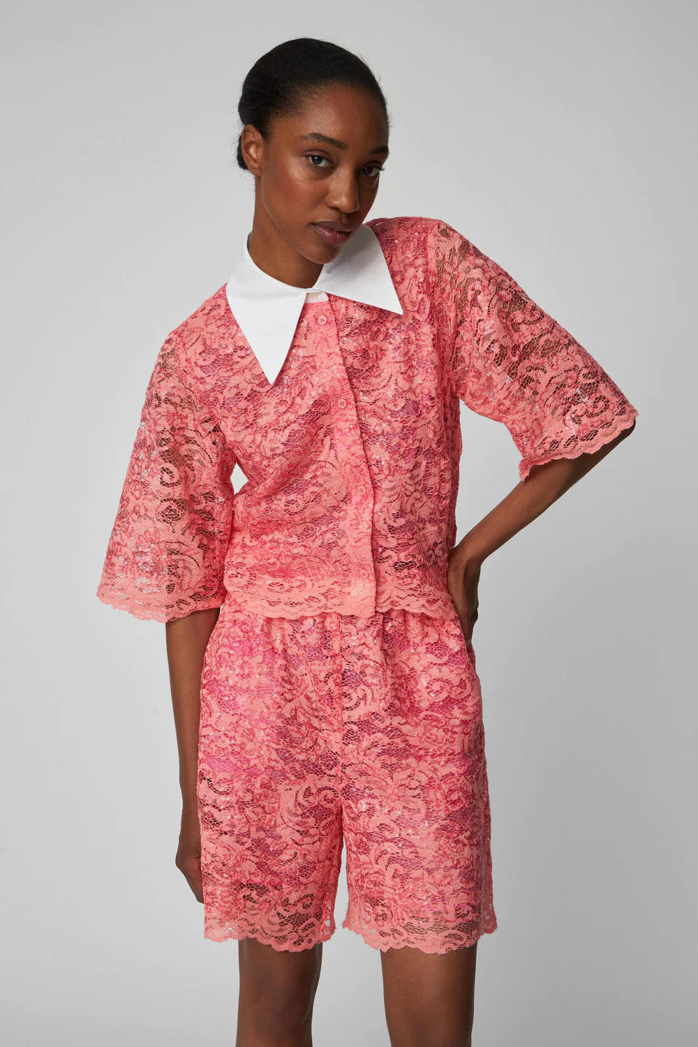 Sequined Lace Shirt With White Collar