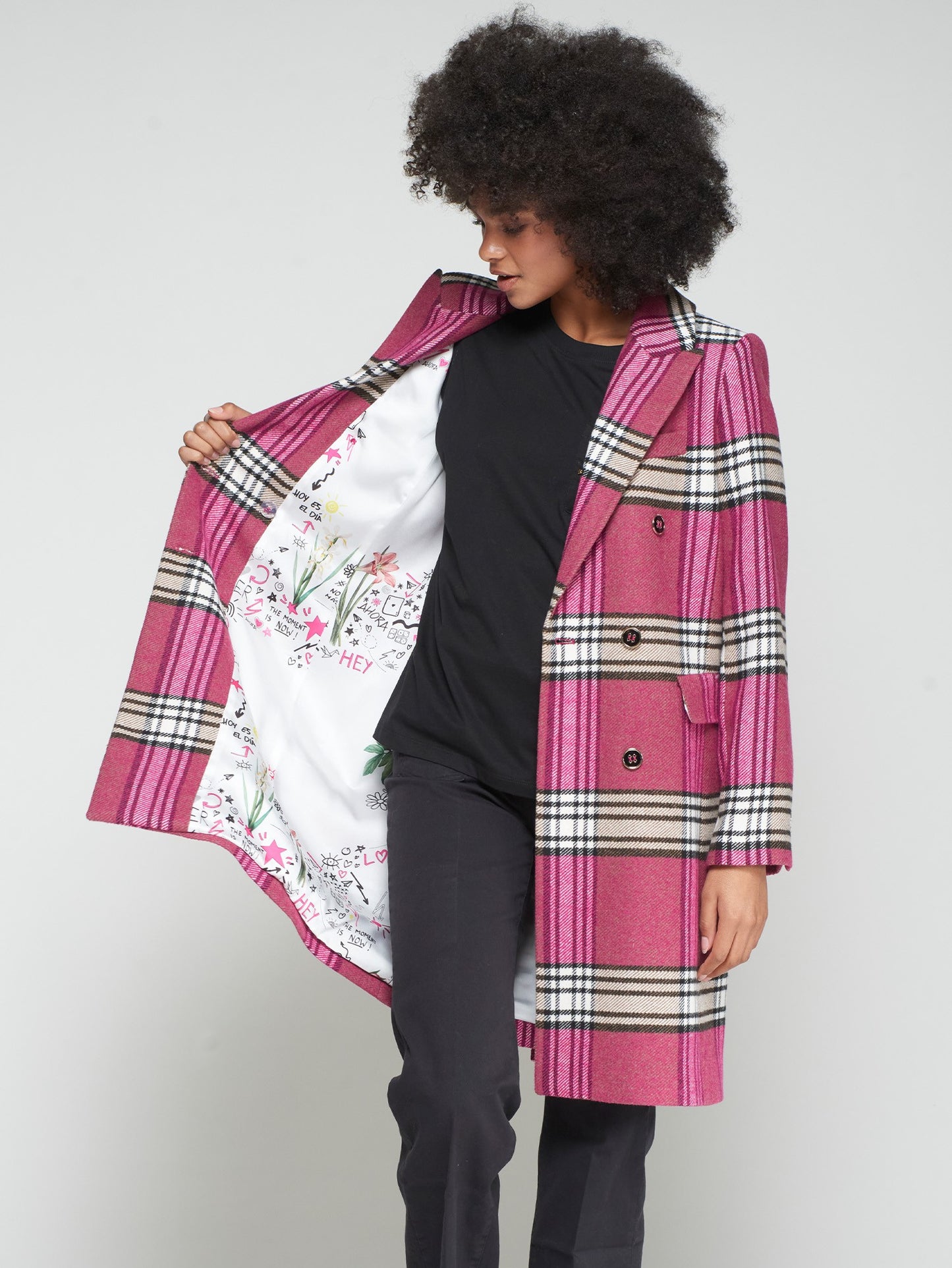 Vilagallo Raspberry Check Double-Breasted Wool Coat