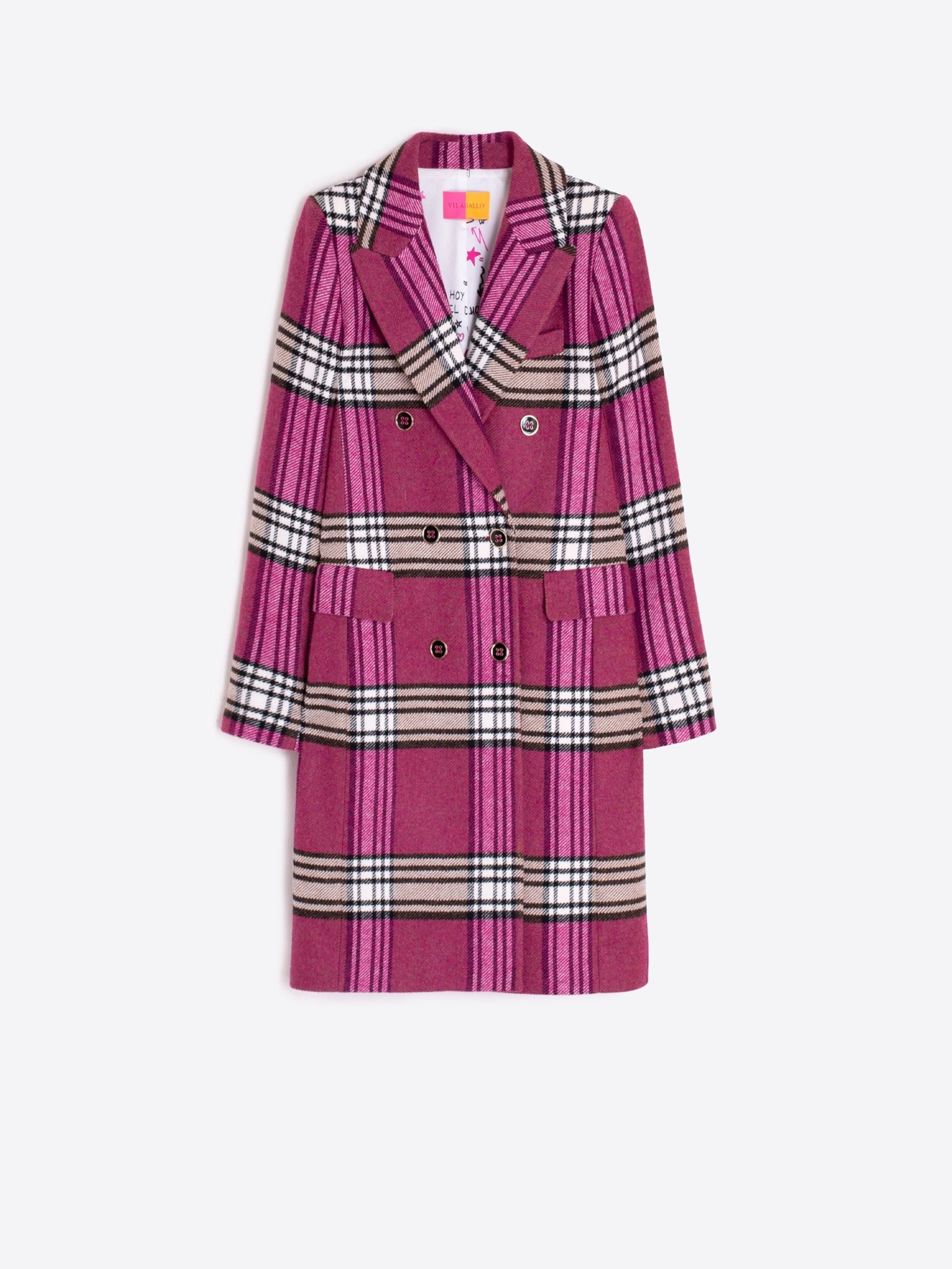 Vilagallo Raspberry Check Double-Breasted Wool Coat