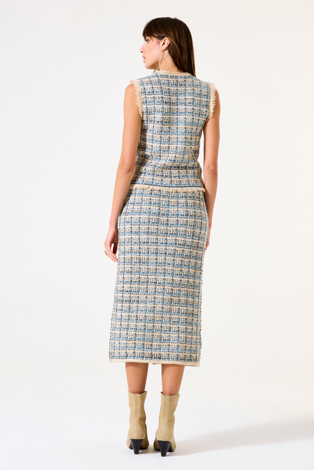 Garcia Fitted Baby Blue Check Knit Skirt With Split