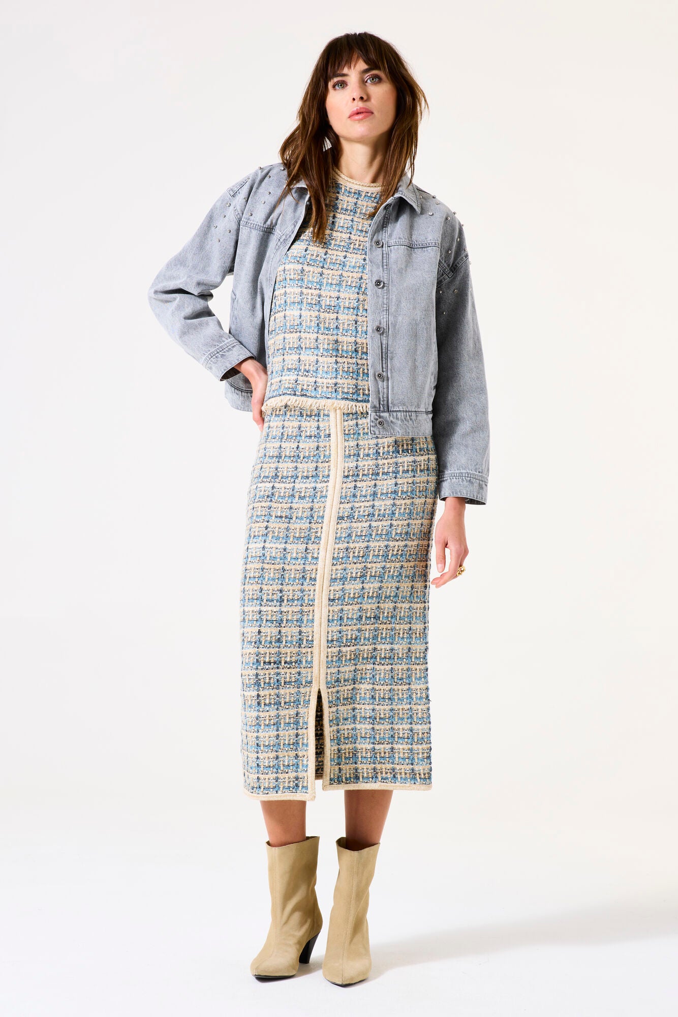 Garcia Fitted Baby Blue Check Knit Skirt With Split
