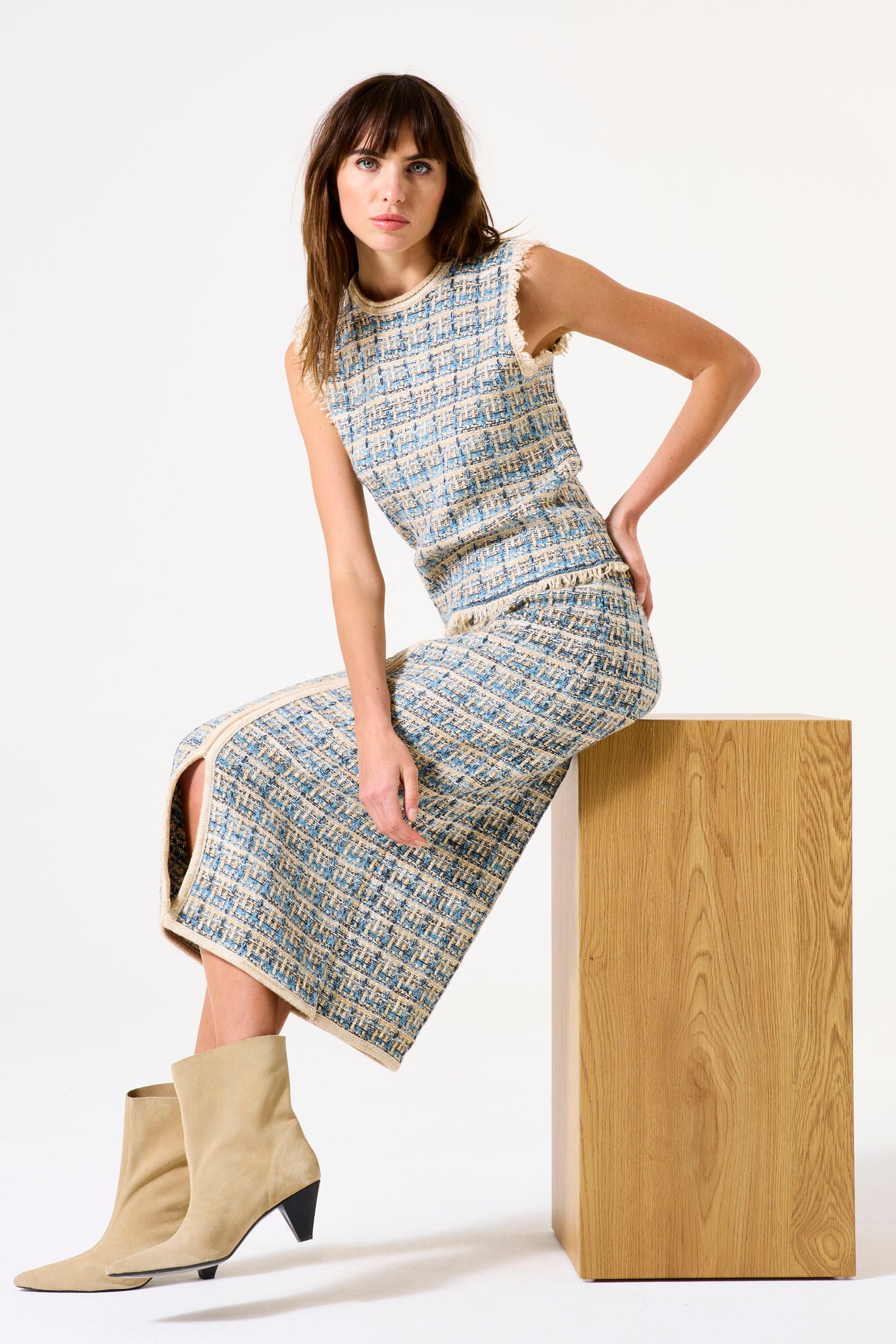 Garcia Fitted Baby Blue Check Knit Skirt With Split