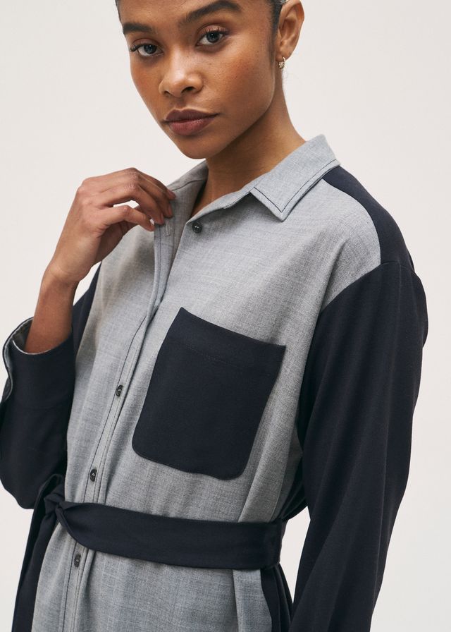 Rosso35 Grey and Navy Wool mix Shirt Dress with Belt