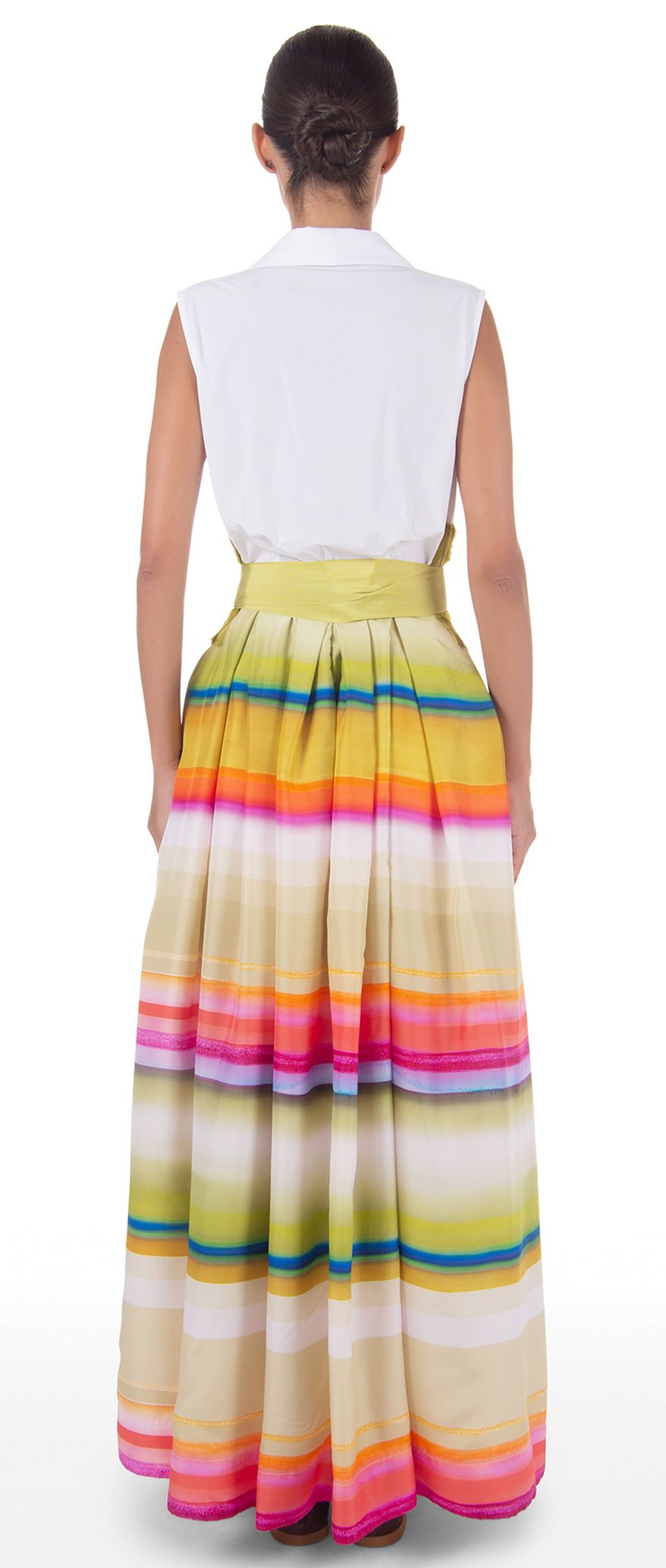 Aretty Sleeveless Dress with White Top and  Striped Silk Skirt