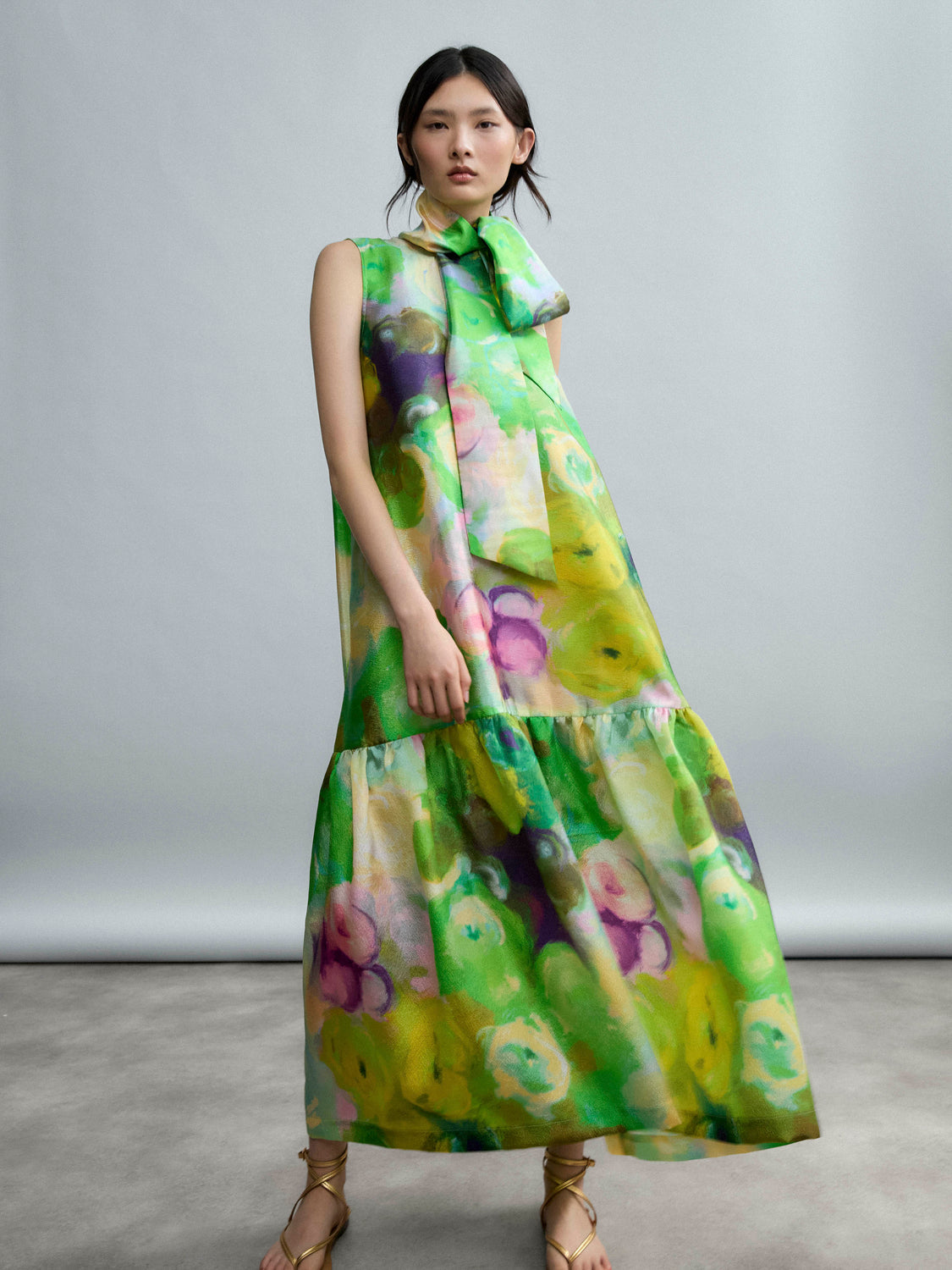 Psophia Neon Green Printed Midi Dress  Kimono