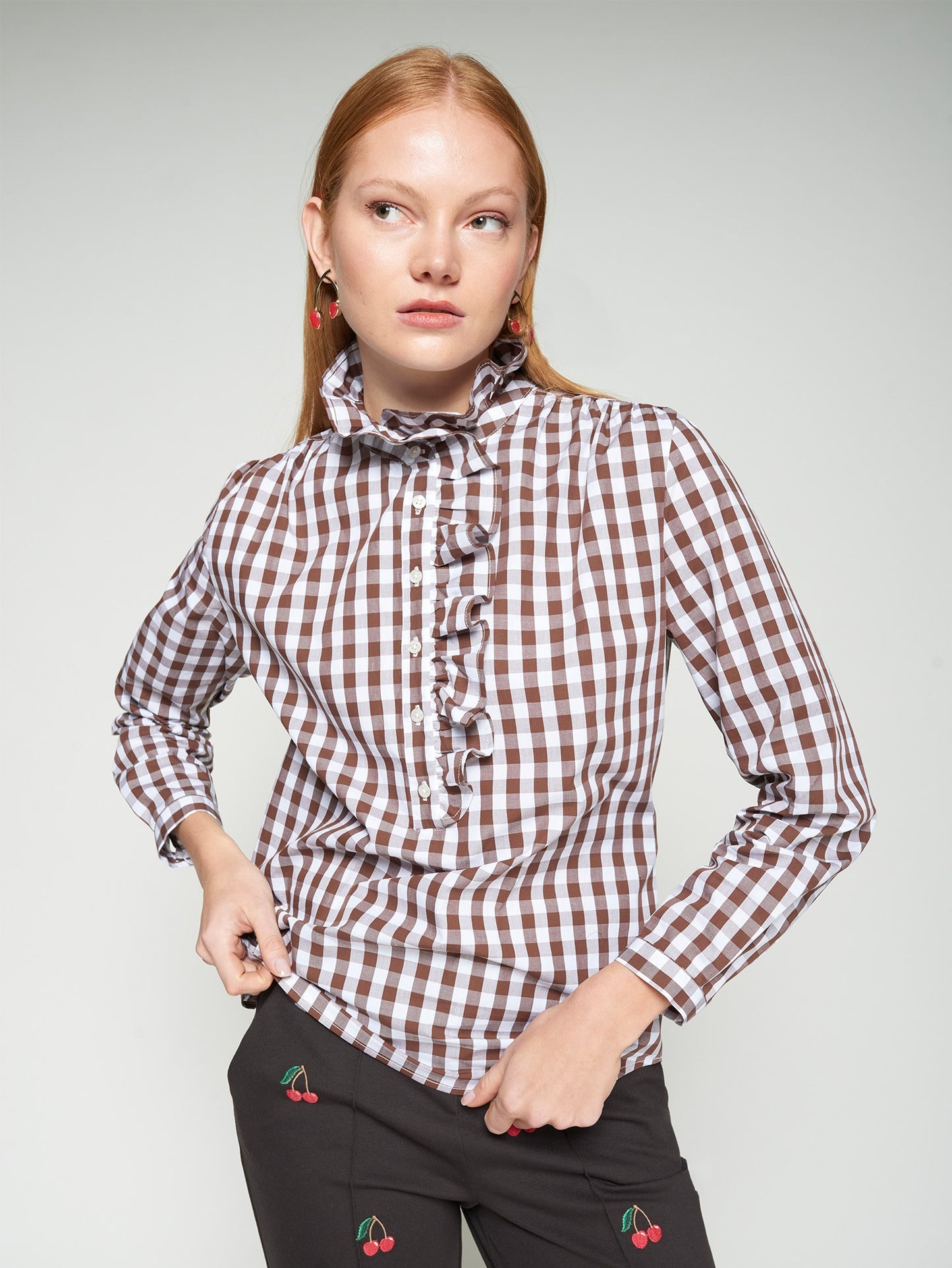 Vilagallo Check Brown & Brown Shirt With Ruffle