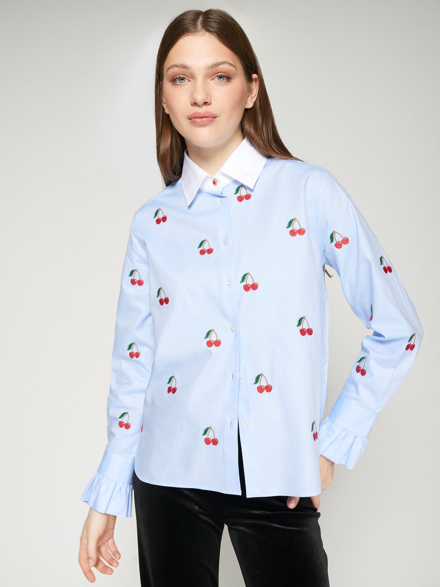Vilagallo Sky Blue Shirt Cherry Embroidery