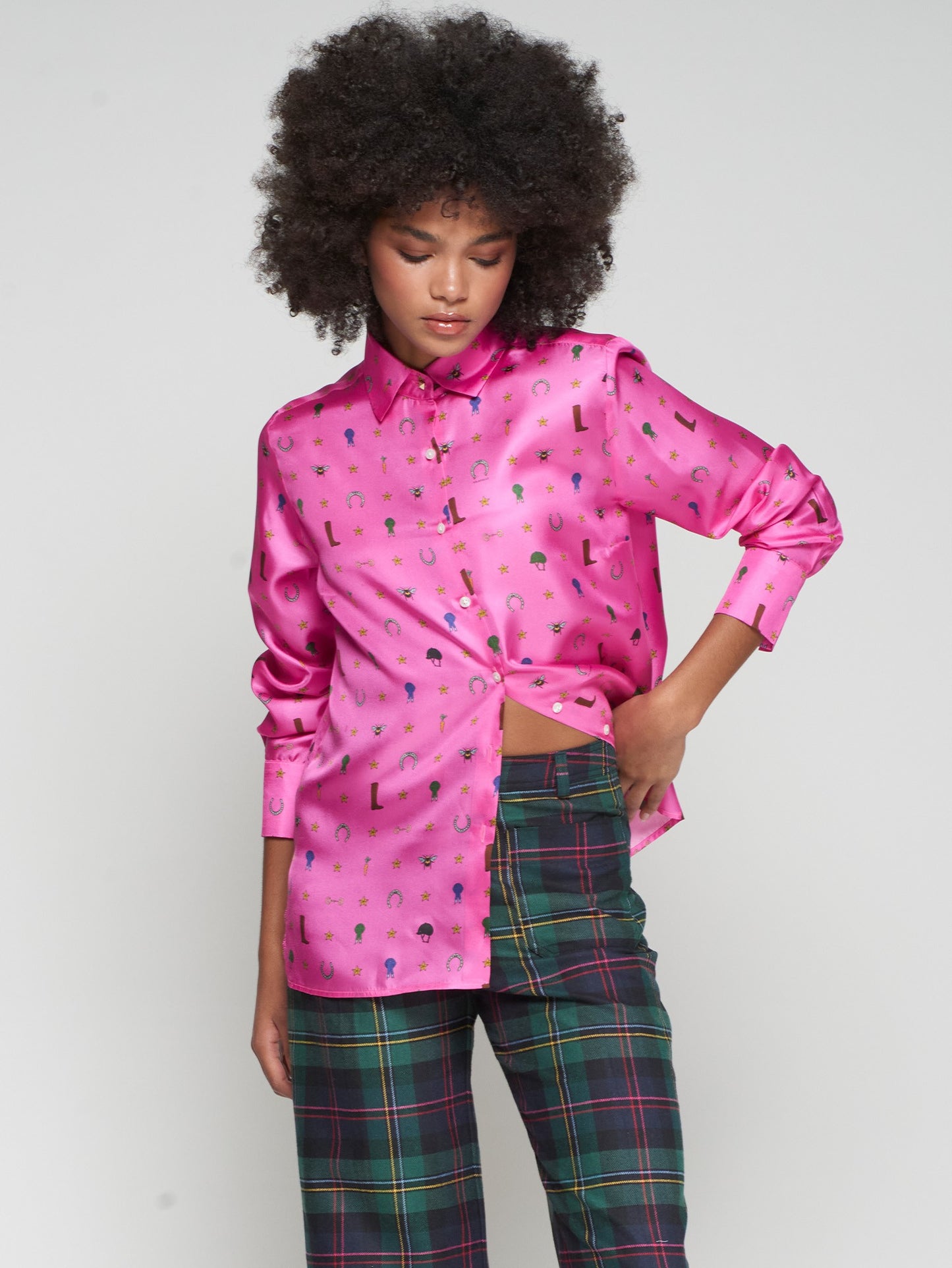 Vilagallo Pink Silk Shirt Equestrian Print