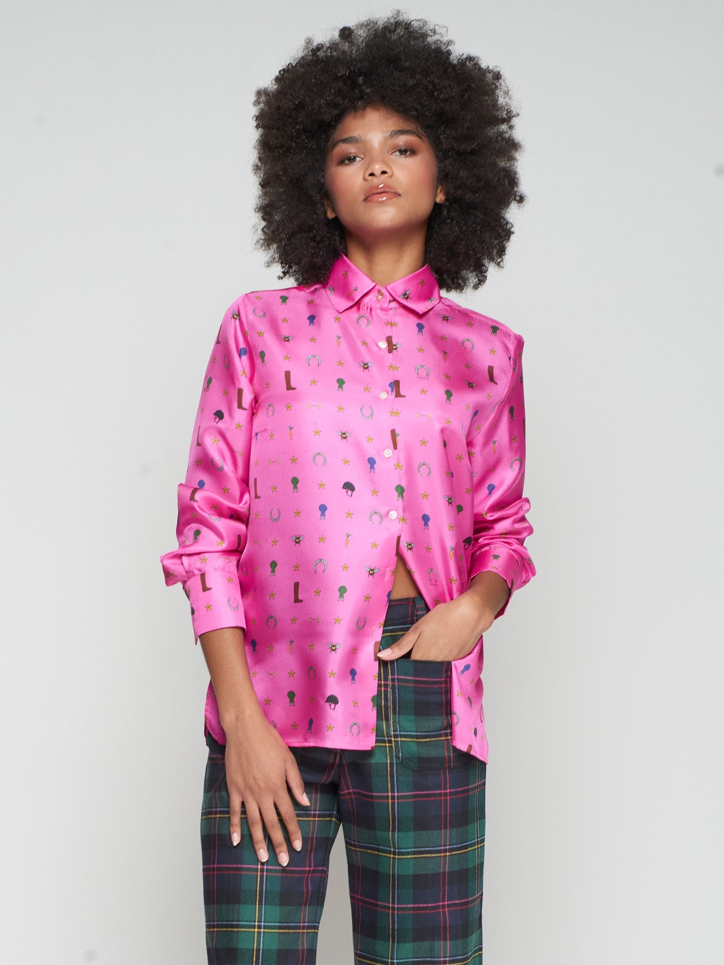 Vilagallo Pink Silk Shirt Equestrian Print