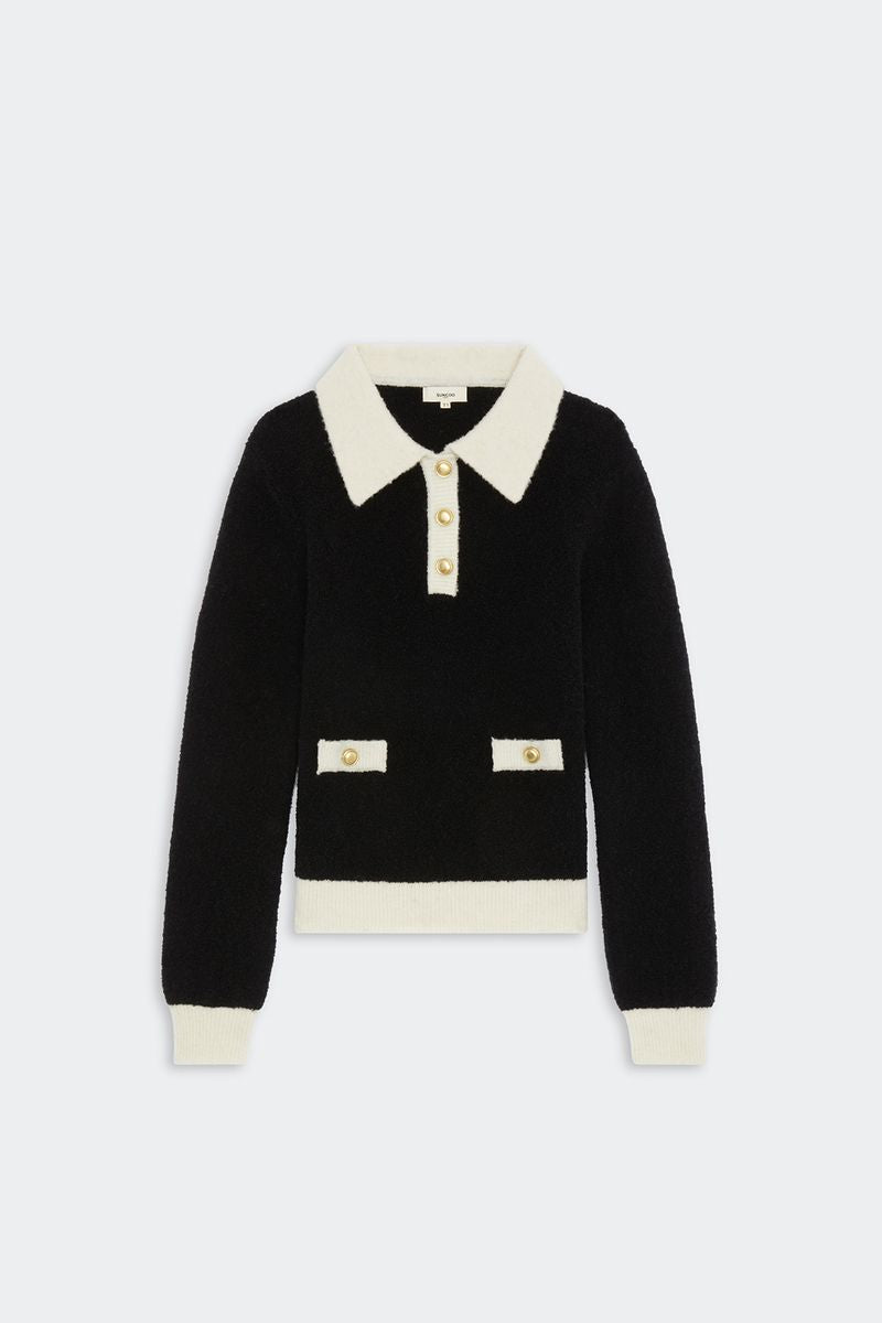 Suncoo Pacival Black and Cream Knit Sweater with Collar