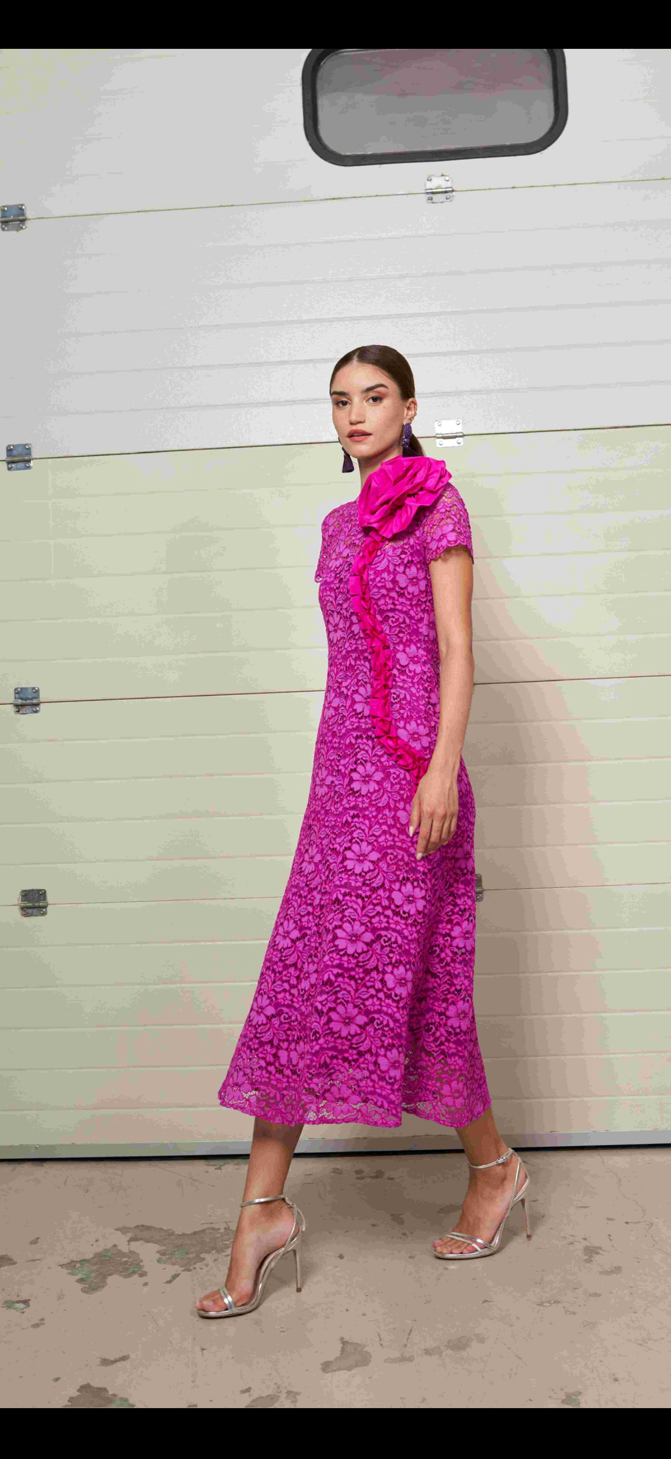 Moskada Fushia Pink Lace  Dress with Corsage