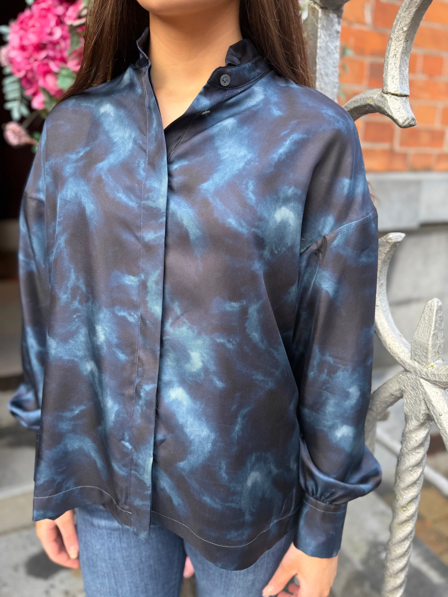Caliban Marble Blue Print Silk Blouse