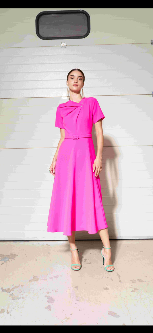 Moskada Pink fit and Flare Dress with self Belt and Diamonte Detail Neckline