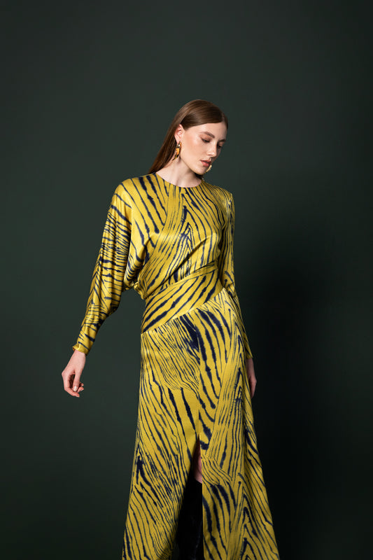 Mustard Animal Print Midi Length Dress