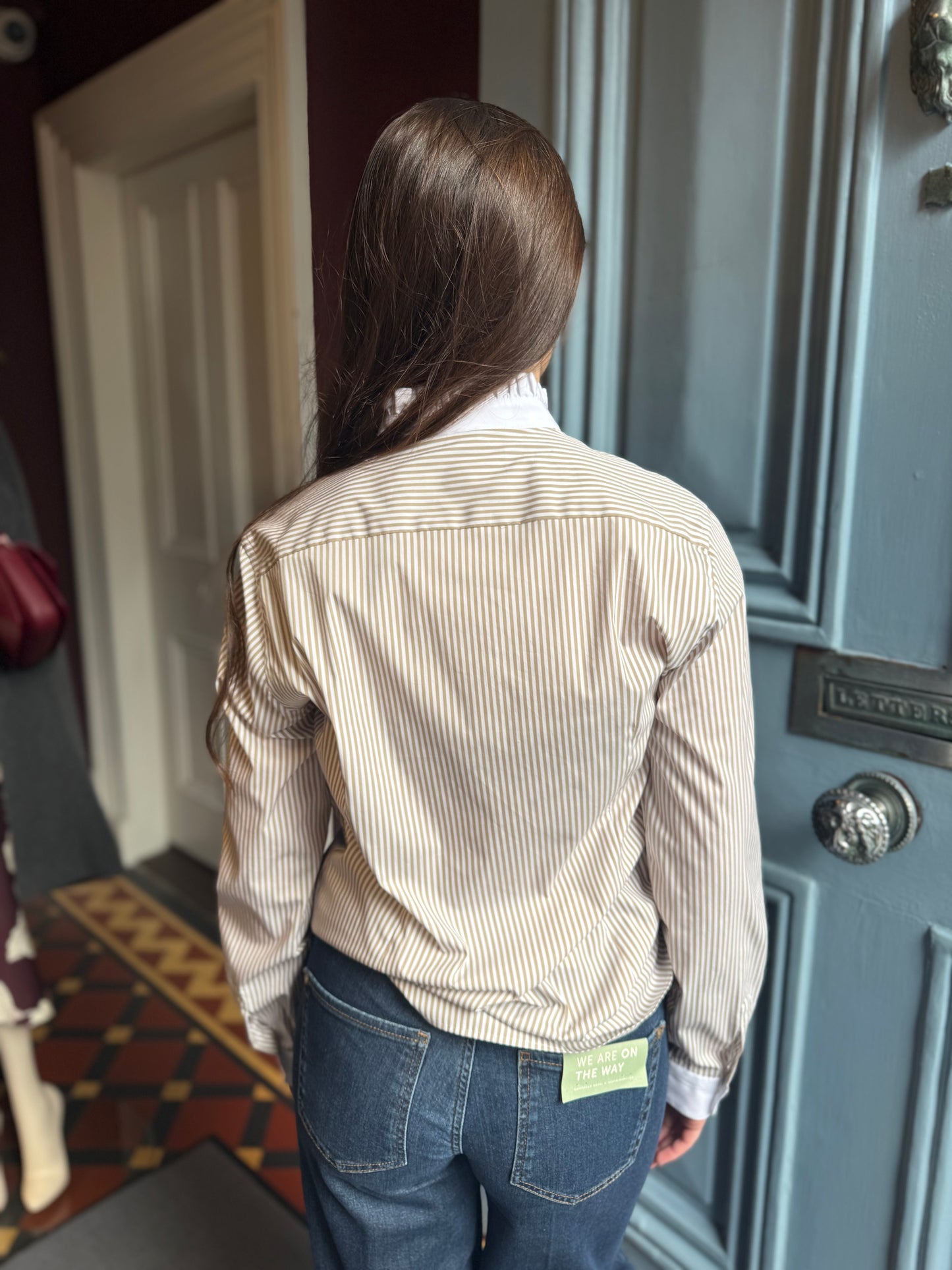 Caliban Taupe and White Stripped Shirt With White Frill Collar