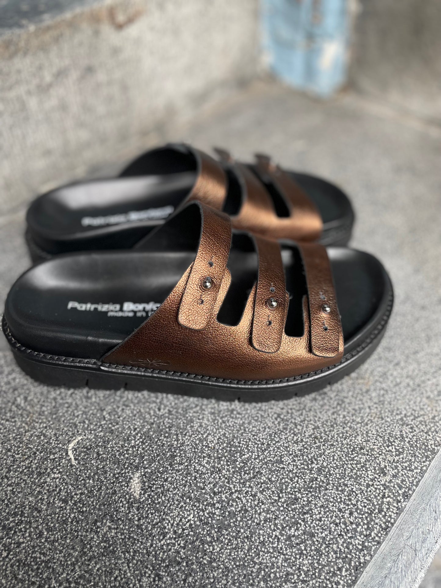 Patrizia Bonfanti Three Strap Sliders in Bronze Leather