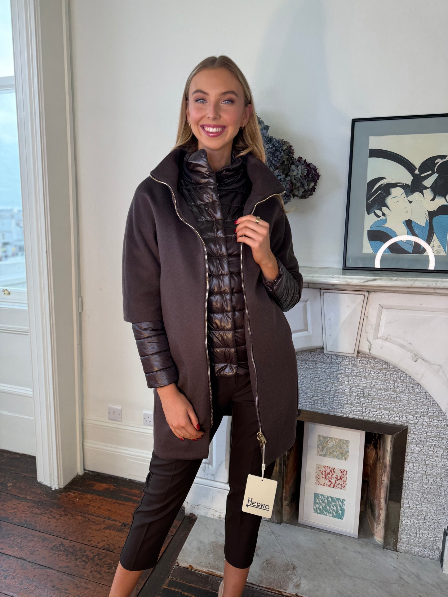 Herno Marrone Wool Coat with Layered Detachable Quilted Insert