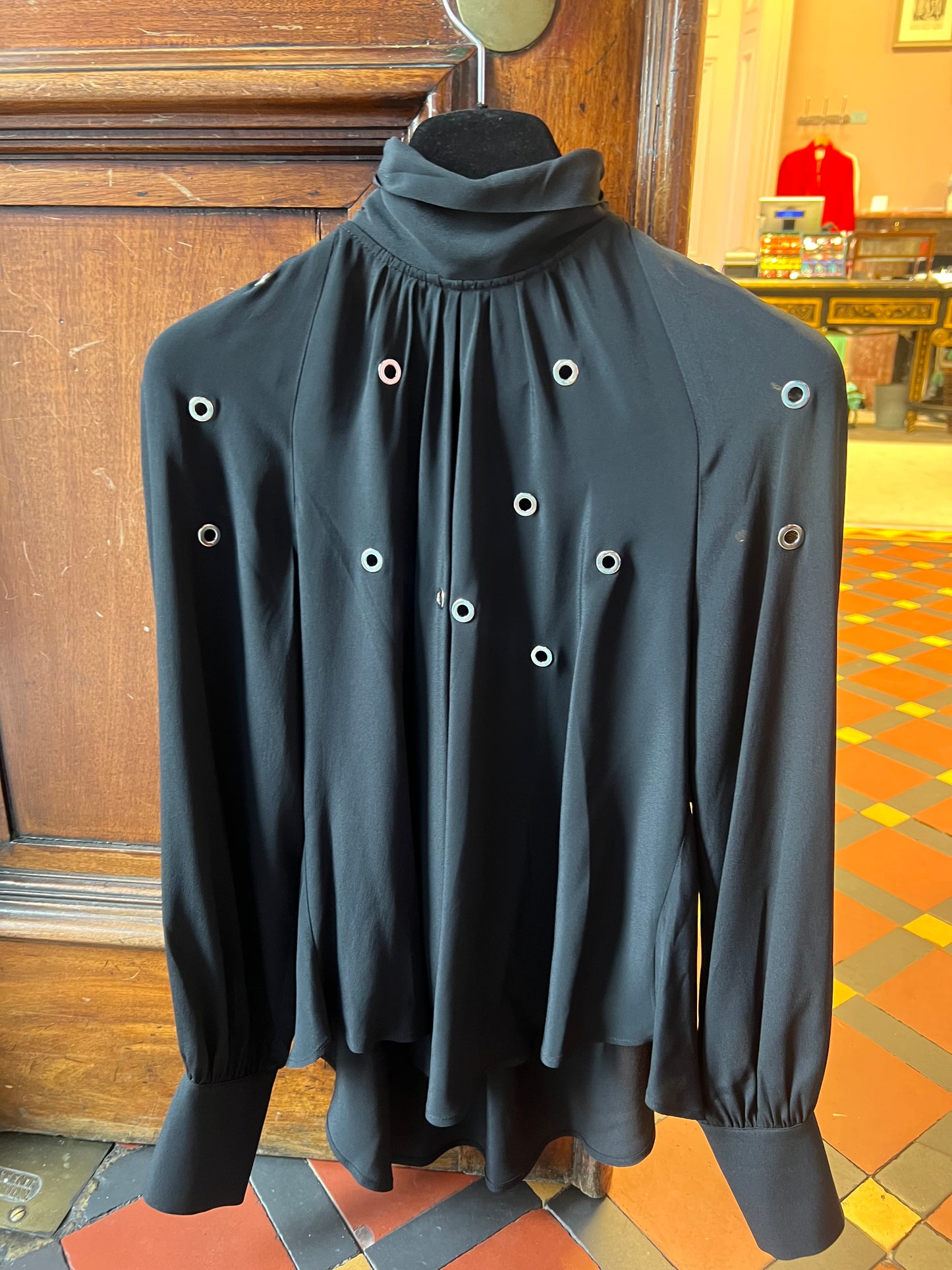 Beatrice B Black Silk Mix Blouse with Metal Eyelets and Neck Tie