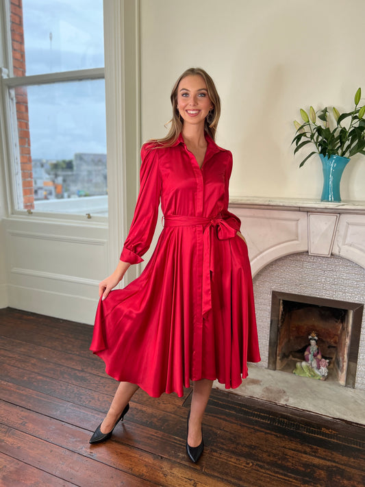 Coral Red Shirt Dress with Belt Detail