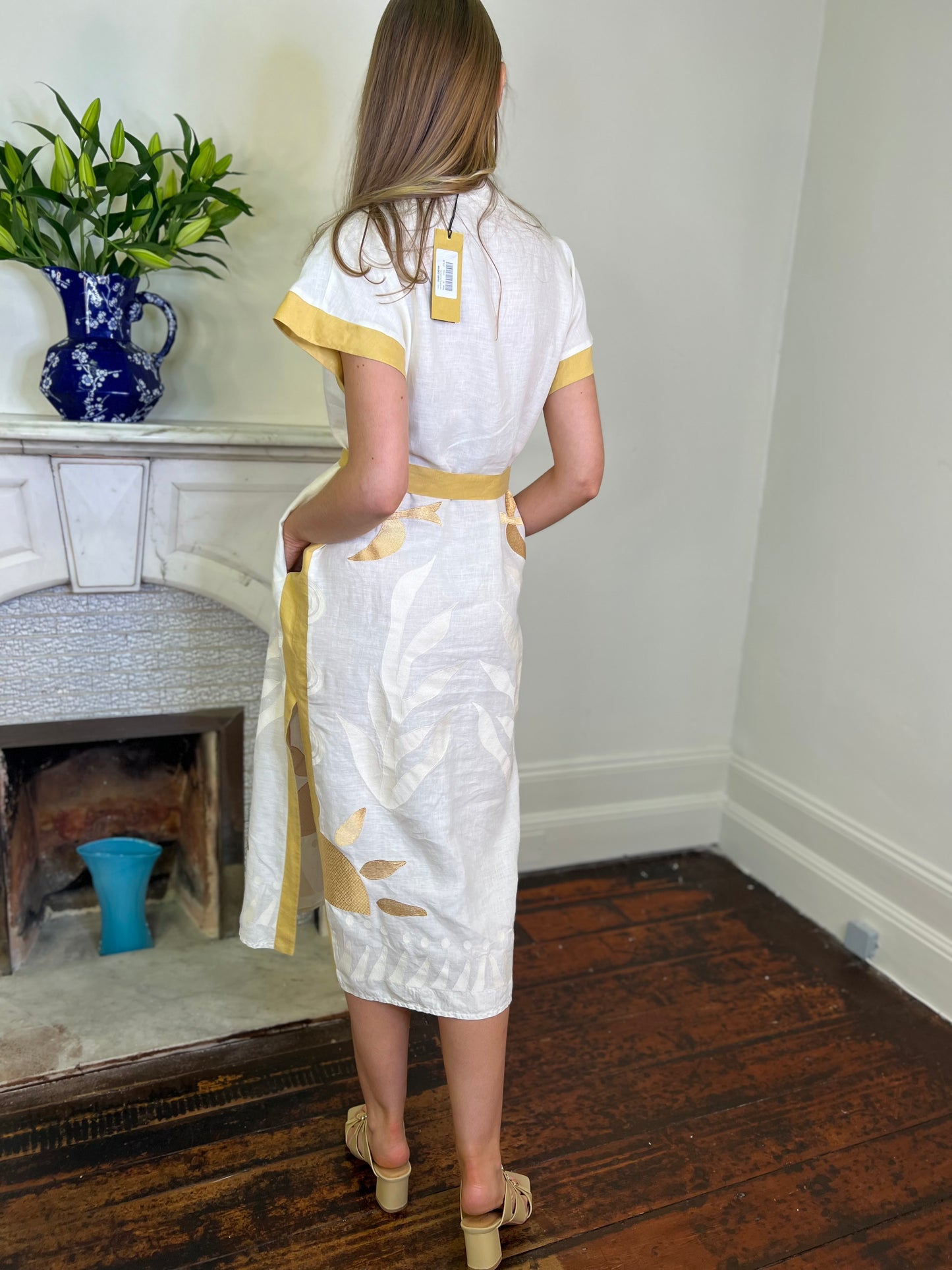 Natural and Gold Embroidered Linen Kaftan with Gold Belt